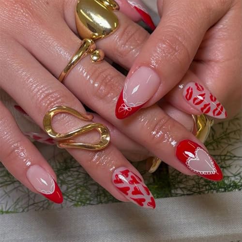 Image of Red Press on Nails Heart Fake Nails French Tip Glue on Nail with Lip Print Design Reusable Glossy Full Cover Stick on Nail for Women Manicure 24Pcs