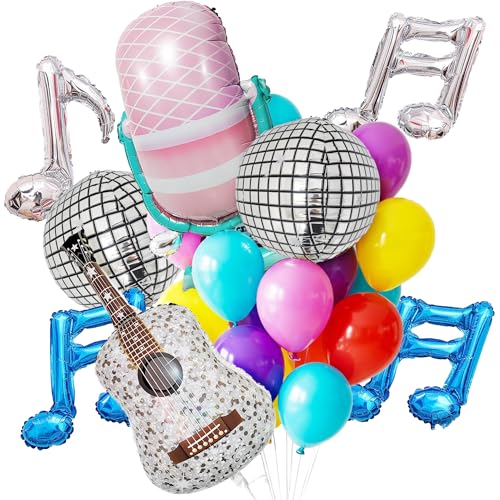 Image of Music Theme Era's Party Balloon Set - 33 Pieces Guitar Disco Ball Microphone and Music Notes Foil Balloons for Music Events Swiftie Party and Birthday Party Decorations - Colorful Latex Balloons