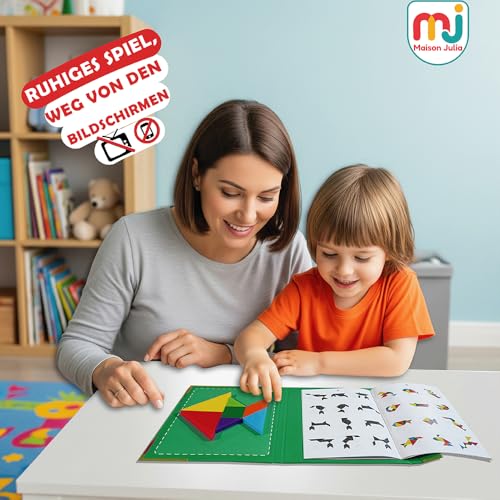 Maison Julia - Tangram Kinder Magnetisches - Montessori-Lernspiel ab 3 Jahren - Smartes Reise-Puzzle - Ruhige Beschäftigung Zug, Flugzeug und Auto - Denkspiel - Geschenk zu Weihnachten & Geburtstag
