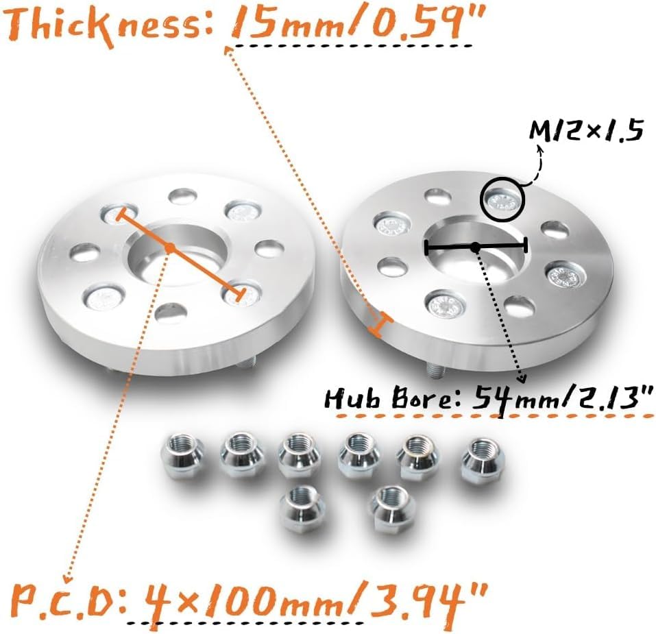 Entretoise de roue forgée PCD 4X100 alésage 54MM M12X1.5 kit de 2 pièces 15mm