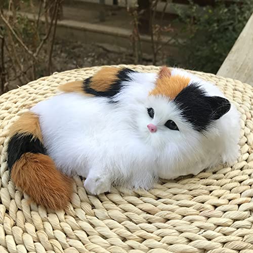 Basuo-9Q Realistic Furry Calico Cat Figurine Simulation Fluffy Kitten Home Office Desk Decorative Statue/Synthetic Fur Pet Stuffed House Animal Replica/Photo Props/Collectible Gift #TOP5
