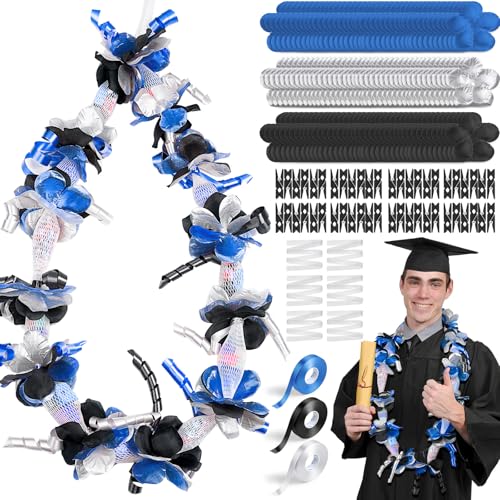 Unittype 6 Sets 2026 Graduation Candy Lei Making Kit DIY Lei Netting Tubing Include 5 ft Mesh Bag 3 Rolls of 98 ft Ribbon 216 Pcs Flower Pieces for Grad Party Supplies(Blue Silver Gray Black)