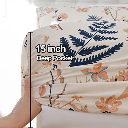 Jsd Floral Printed Sheet Set Queen, Soft Microfiber Botanical Bed Sheets 15" Extra Deep Pocket 4 Pieces #TOP5