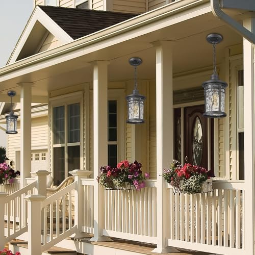 Image of Darkaway Outdoor Pendant Lights for Porch, Outdoor Chandelier Hanging Porch Lights Outside Ceiling Mount Aluminum with Water Ripple Glass for House Gazebo Patio