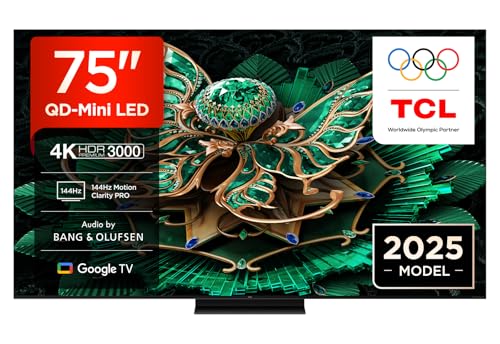 TCL 75C7K 75' QD-Mini LED TV, 4K HDR Premium 3000, Smart Google TV, 144Hz Motion Clarity Pro (Dolby Vision IQ & Atmos, CrystGlow HVA Panel, Game Master)