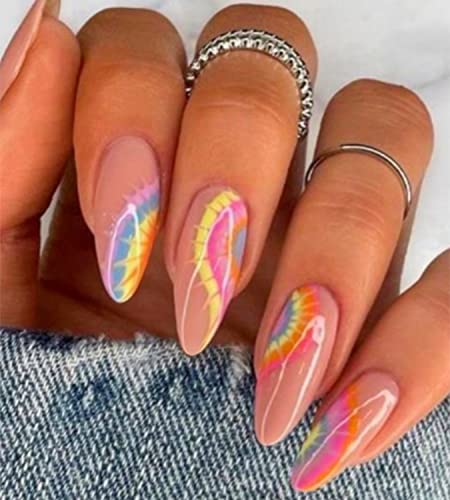 Artquee 24Pcs Nude Almond Press On Nails Medium Length Fake Nail Art With Colorful Rainbow Designs Acrylic Nail Reusable Artificial Glossy Stiletto Nails In 12 Sizes Stick On False Nails Tip For Women #TOP24