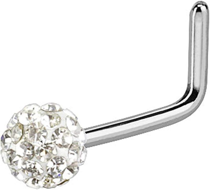 20g Surgical Steel 3mm Crystal Glam Ball Top L-Shaped Nose Stud (Choose Color)