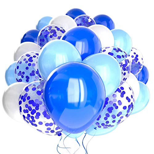 60 Pack Blue Balloons + White Balloons + Blue Confetti Balloons w/Ribbon | Blue Balloon | Globos Azules | Light Blue Balloons | Baby Blue Balloons | Blue Party Decorations | Blue White Balloons |