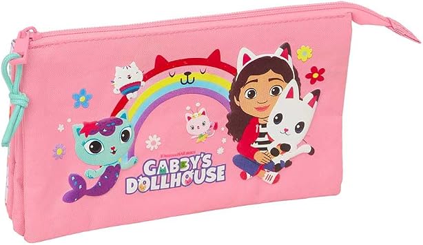 Safta | Triple Pencil Case Gabby's Dollhouse 37 Pieces, School Pencil Case Organizer with 3 Compartments and Zip, Includes Markers, 16 Pencils, Ruler and Semicircle, Measures 12.5 x 5.5 x 19.5 cm