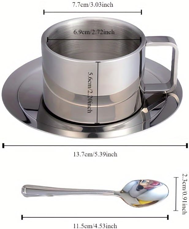 3-Piece 304 Stainless Steel Coffee Cup Set, Double Wall Insulated Cup with Saucer & Spoon, Anti-Scald Metal Mug for Espresso, Tea, Office & Home Use