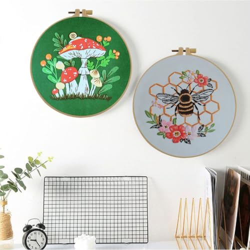 Image of Effaci Embroidery Starter Kit for Adult Beginner - Bee Hive Flower Pattern Hand Embroidery Set with Hoop, Needle, Threader, Floss and Instructions