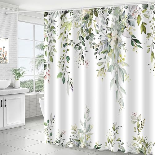 Image of Eucalyptus Shower Curtain, Aesthetic Art Watercolor Plant Leaves with Floral Bathroom Decor, Waterproof Fabric Cloth Bath Curtain Set with Hooks (Green, 72 inch W x 72 inch L)