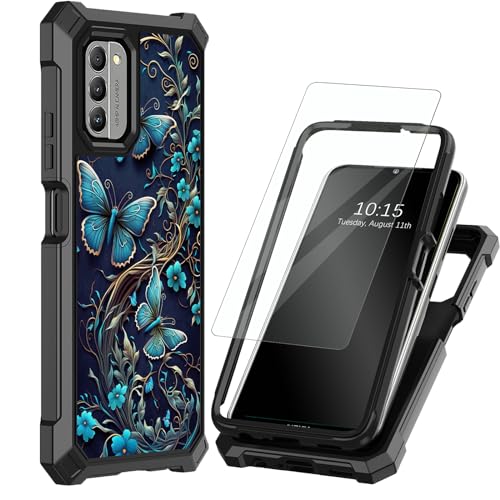 Decahouy Case for Nokia C300 Nokia G100 N150DL Case with Screen Protector Heavy Dual Layer Slim Shockproof Impact Resist Durable Black Phone Case for Nokia G100/Nokia C300 Purple Butterfly Flower