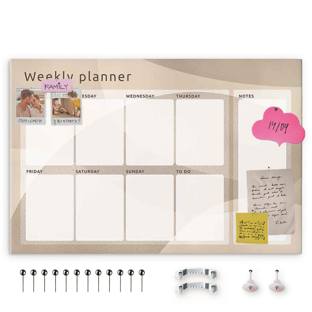 decomonkey Canvas Planner Pin Board with 50 pins - 47.2" x 31.5" / 120x80 cm Fibreboard Push pin Wall Art - Bedroom Office Living Room - Brown-Beige Weekly Planner English