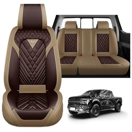 Mascys Full Set Car Seat Covers for Ford F-150 F-250 F-350 XL XLT STX Lariat King Ranch Platinum Raptor Waterproof Seat Covers 2009-2025, Anti-Slip Seat Protectors(Standard 5 Seats/Brown Coffee)