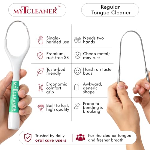 Image of MyTCleaner | Tongue Cleaner for Adults | Stainless Steel Tongue Scraper | Helps Freshen Breath & Supports Oral Hygiene | Rust-Free | Dentist-Designed | Pack of 2 (Aqua Green & Peach)