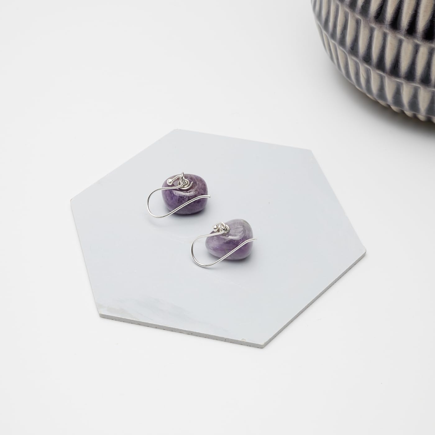Boucles d'oreilles en perles de pierre naturelle faites à la main pour femme avec crochets en argent sterling - Idées cadeaux pour femme (Amethyst)