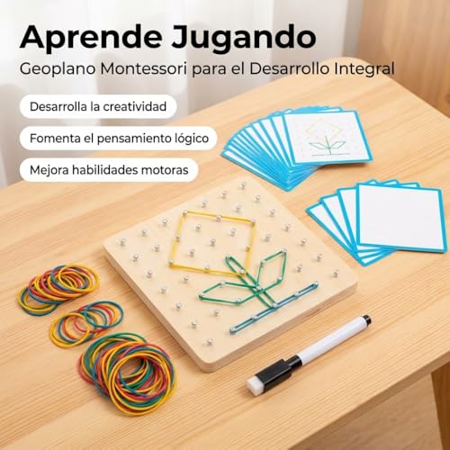 JISADER 1 Wooden Board Sensory Toy Geometric Pattern Manipulative Math Development Early Learning Hand Eye Coordination Fine Motor Material Suitable for, Small Geoboard (49 pegs) - Image 4