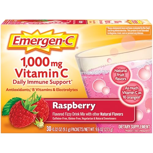 Emergen-C 1000mg Vitamin C Immune Support Powder Raspberry 30CT includes Zinc, Manganese, 7 B Vitamins and Electrolytes for Back to School Essentials