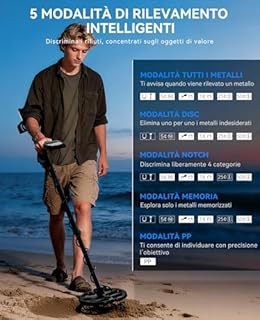 SUNPOW Metal Detector Professionale Ricaricabile per Adulti – 6 Tipi di Metallo, Bobina Impermeabile IP68, Display LCD, 5 Modalità di Ricerca per Spiaggia/Fiume/Outdoor | OT-MD16