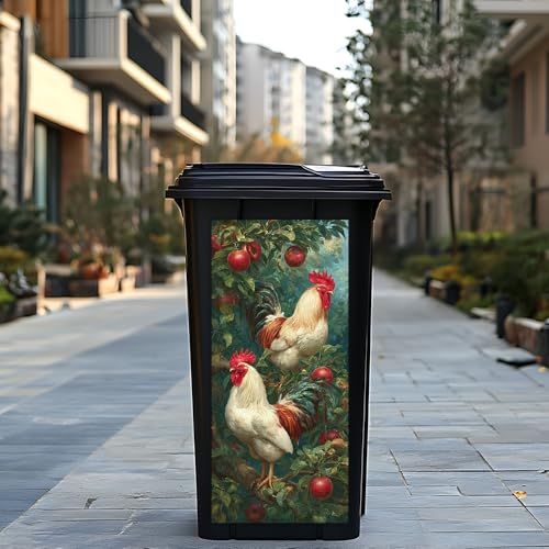 Image of 14.6x32.3 Inch Trash Can Cover Trash Can Stickers Garbage Can Decoration - Roosters on Apple Tree Design for Outdoor Trash bin Decor