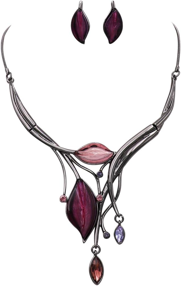 Rosemarie Collections Women's Colorful Resin Leaf And Crystal Design Statement Bib Necklace Earrings Set, 14"+3" Extender (Earrings May Vary Between Post Back And Fish Hook)