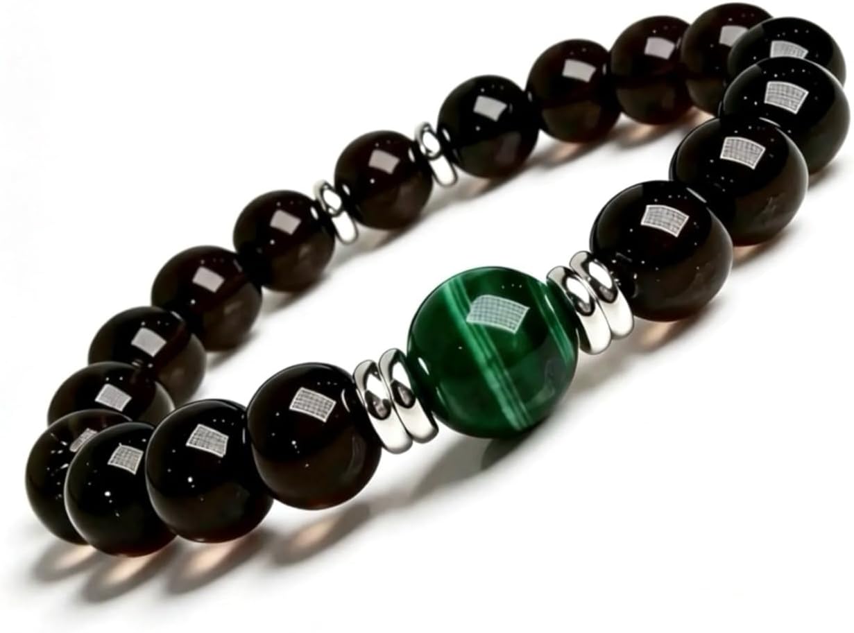Smoky Quartz & Malachite Bracelet for Men & Women – Handmade Natural Gemstone Beaded Bracelet, 10mm Brown Crystal with Green Center Stone, Stretch Unisex Jewelry for Balance &...