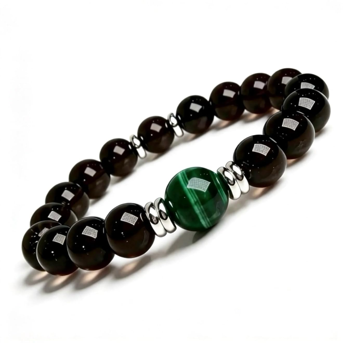 Smoky Quartz & Malachite Bracelet for Men & Women – Handmade Natural Gemstone Beaded Bracelet, 10mm Brown Crystal with Green Center Stone, Stretch Unisex Jewelry for Balance &... - Image 2