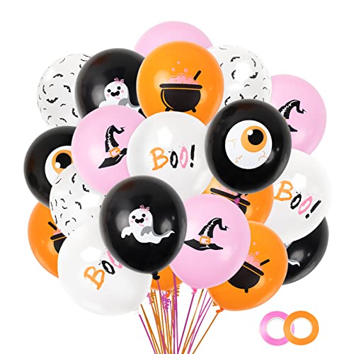 60Pcs Halloween Balloons Set- 12" Halloween Pink Orange Black White Latex Balloons Print With Ghost Boo Bat Witch Hat For Halloween Baby Shower Kids Halloween Birthday Party Favor Decor Supplies #TOP24