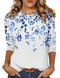 Zeagoo T Shirts de Mujer 3/4 de Manga Camiseta Cuello Redondo Blusa Verano Ligeros Hojas Azules L