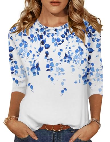 Image of Zeagoo 3/4 Sleeve Tops for Women Summer Crew Neck T Shirts Blue Leaves L