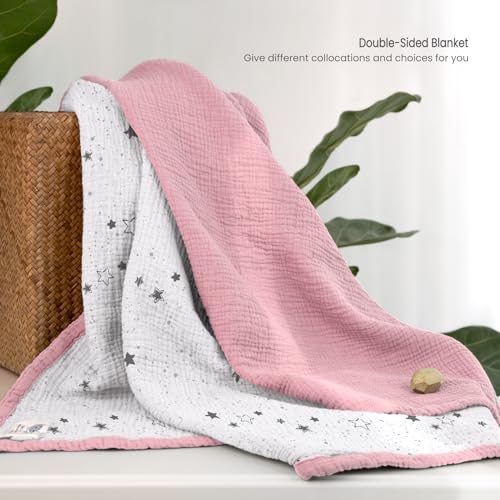 Image of lulumoon Muslin Baby Blanket for Girls: Soft Lightweight Toddler Blanket | Reversible Cotton Crib Blanket for Daycare - 47x47in Breathable Baby Swaddle for Stroller & Travel(Pink Star)