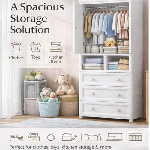 Image of HIWARE Premium Modular Wardrobe for Bedroom, Kids Room and Home | Spacious Clothes Storage Cabinet with Drawers and Shelves | Modern Stylish Design, Heavy Duty, Multiuse Organizer- European+White