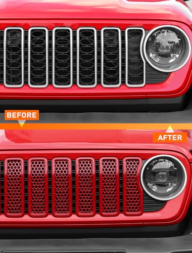 Image of Savadicar Front Grill Inserts for 2024-2025 Jeep Wrangler JL JLU 4XE & Gladiator JT - Elevate Your Wrangler's Aesthetics with Front Mesh Grille Cover Guard, Exterior Trim Accessories, 7 PCs, Red