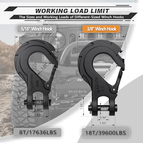 AUTMATCH Winch Hook 3/8" - Clevis Slip Hook with Safety Latch & Winch Cable Hook Stopper, Grade 70 Forged Steel Max 18Ton (39,600Lbs) Work for Winch Rope, ATV, UTV, Off Road Vehicle, Frosted Black by AUTMATCH - Image 6