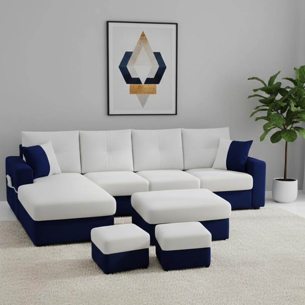 FURNY Astoria 8 Seater Fabric LHS L Shape Sofa Set with 1 Centre Table & 2 Puffy (Light Grey-Dark Blue) Premium Velvet Finish | 8 Person Seating Capacity