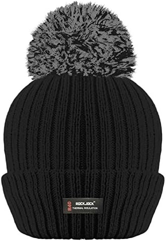 RockJock Ladies Womens Winter Pom Pom Ribbed Beanie Hat with R40 Advanced Thermal Insulation