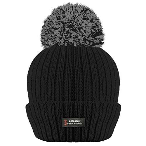 RockJock Ladies Womens Winter Pom Pom Ribbed Beanie Hat with R40 Advanced Thermal Insulation-Black