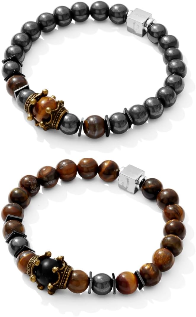 Set of 2 Matching Couples & Friends Bracelets – Hematite, Lava, Picture Stone & Amethyst Bead Stretch Bracelet – Color Changing Mood Bead – 7.5" Unisex Anniversary, Valentine’s Day, Christmas Gift for Him & Her