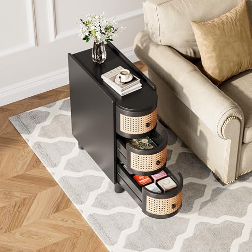LITTLE TREE Solid Wood End Table, Rattan Narrow Side Table with 3 Drawers, No Assembly Required, Nightstand Bedside Tables for Living Room, Bedroom, Office, Bathroom, Black by LITTLE TREE - Image 3