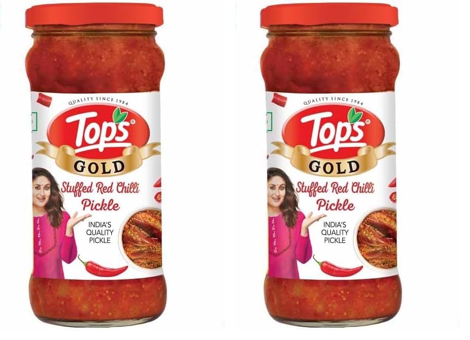 Image of TOPS Gold Stuffed Red Chilli Pickle - 375 gm Glass Bottle| Perfect blend of spicy red chillies blended in mustard oil (Pack of 2)