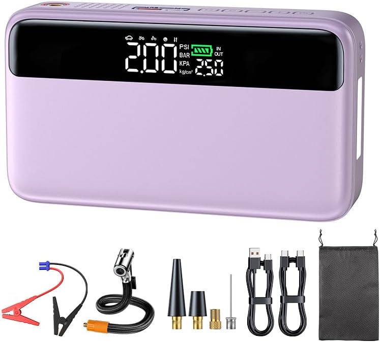 PD 65W Portable Car Jump Starter with Air Compressor,3000A Portable Jump Starter Pack with 150PSI Tire Inflator,(Up to 8L Gas/6.5L Diesel Engine),Fast Charging Power Bank (Pink)