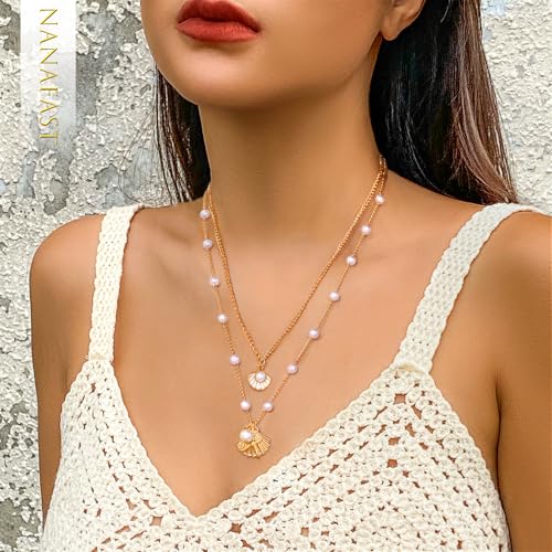 Nanafast Layered Seashell Necklace for Women Adjustable Boho Sea Shell Starfish Pendant Necklaces Beach Jewelry for Summer Outfits with Velvet Pouch2