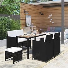 6-Piece Outdoor Dining Set with Poly Rattan and Acacia Wood, Water-Resistant Rectangular Table and Chairs with Removable Cushion Covers for Patio Garden