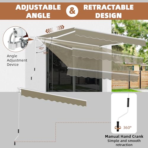MEETWARM 8.2\'x 6.5\' Patio Awning Retractable Awning Cover for Sunshade Shelter, Outdoor Patio Canopy with Manual Crank Handle/Water-Resistant 280g/m² Polyester for Patio, Balcony, Yard, Beige