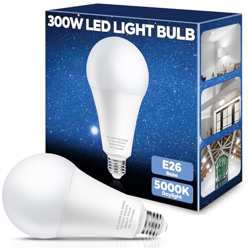 Nouscan 300W Equivalent LED Light Bulb 4060LM Super Bright A23 LED Bulb Daylight 5000K 33W Energy Saving E26 Medium Base 120V for Garage Warehouse Shop Supermarket Non-Dimmable