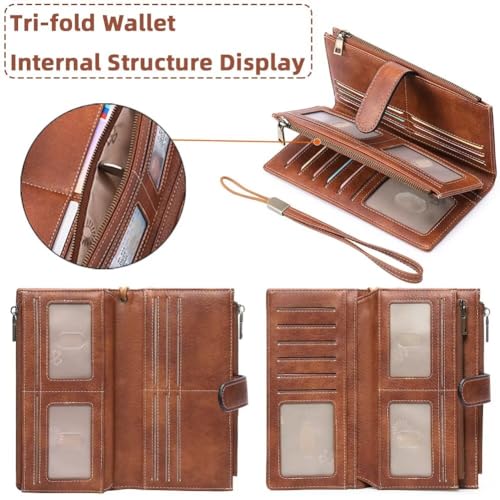 Women's Wallet and Card Holder RFID Blocking Tri-Fold Wristlet Wallet Vegan Leather Multi Card Case with ID Windows, Brown, One Size3