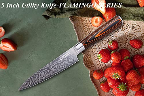 Kitory Kitchen Utility Knife 5 Inch Damascus Pattern Small Chef Knife With Sheath, German High Carbon Stainless Steel, Ergonomic Pakkawood Handle, Sharp Cooking Knife For Home&Restaurant #TOP4