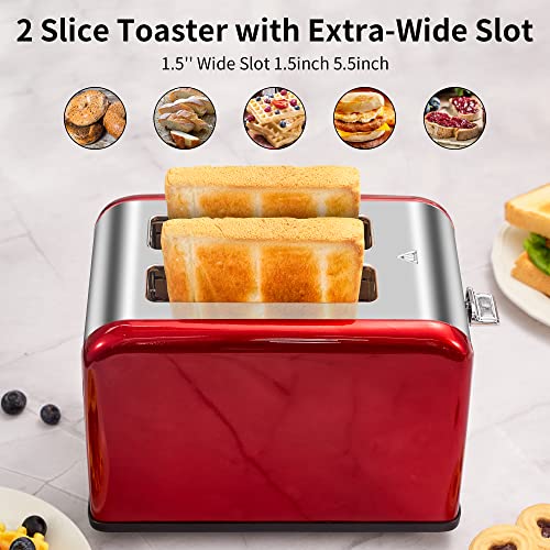 Toaster 2 Slice, Retro Small Toaster With Bagel, Cancel, Defrost Function, Extra Wide Slot Compact Stainless Steel Toasters For Bread Waffles, Red #TOP1
