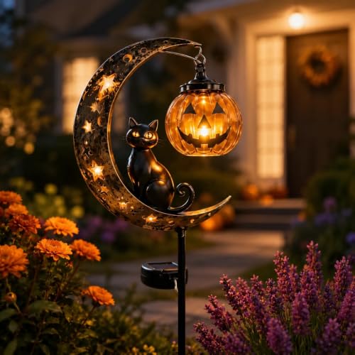 Solar Halloween Black Cat & Pumpkin Moon Garden Stake Light Waterproof Solar Black Cat on Crescent Moon with Hanging Pumpkin Lantern Outdoor Halloween Yard Decor for Garden Patio Lawn Pathway